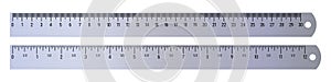 Realistic metal rulers 30 centimeters and 12 inches. 3D realistic vector illustration isolated on white