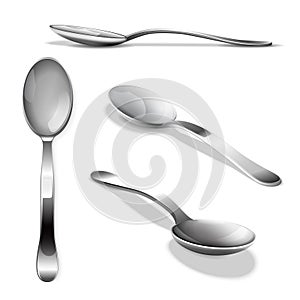 Realistic metal spoon from different points of view. Tablespoon set vector illustration isolated on white background