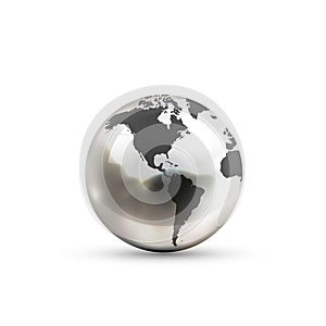 Realistic metallic Earth globe icon from american side on white background