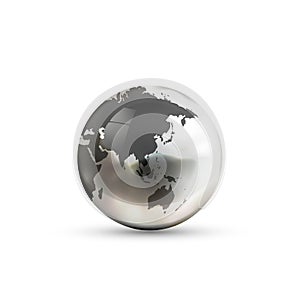 Realistic metallic Earth globe icon from asian side on white background
