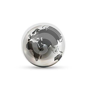 Realistic metallic Earth globe icon from european side on white background