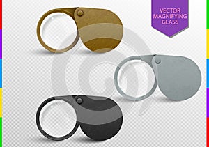 Realistic metallic modern folding magnifier set. Vector magnifying glass lens. Brass, silver and iron tool Isolated On transparent