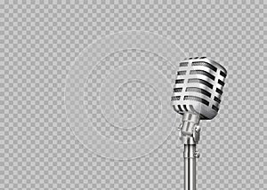 Realistic microphone. 3D professional metal mics on transparent background. Stand-up and blogging equipment. Vector