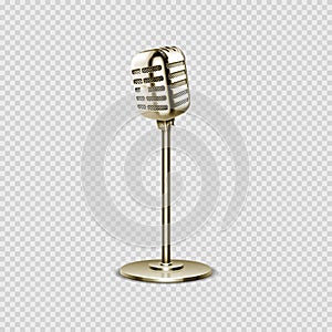 Realistic microphone. Vintage voice device for studio or radio, karaoke or broadcast. Gold steel isolated mic on stand