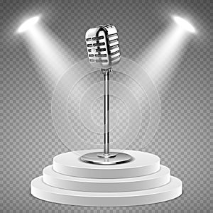 Realistic microphone. White podium for stage and 3d mic. Sound studio equipment, concert or radio vector element