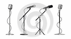 Realistic microphones. 3D professional metal mics with wire on holder, stand-up and blogging equipment. Vector vintage