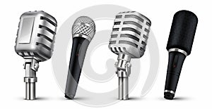 Realistic microphones. 3D studio and scene audio equipment, vintage and modern metal mics isolated on white. Vector blog