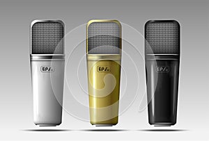 Realistic microphones in three colors. Gray  gold  black. Vector.