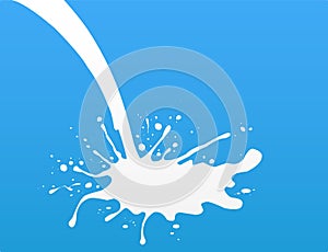 Realistic milk pouring out with drops and splashes on blue background. vector illustration.