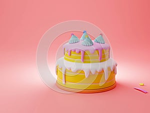 Realistic minimal cake anniversary, birthday and celebration with decoration 3d illustration concept