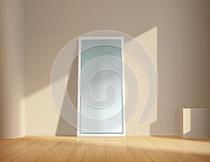 Realistic mirror. Empty room with square reflective glass frame leans on wall. Minimalist interior furnishing. Wooden photo