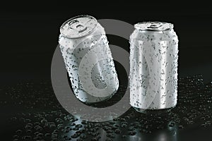 Realistic mock up aluminum can,with clod and droplet condensation,on black background,with beverage,water,energy drink,beer,juice,