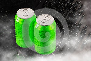 Realistic mock up aluminum green can,with clod and droplet condensation,on black background,with beverage,water,energy drink,beer,