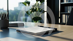 Realistic mockup of a branded notepad with a custom logo in an office environment