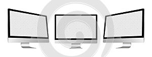 Realistic Mockup computer. Screen monitor display on thre sides with blank screen for your design. Realistic vector illustration