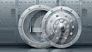 Realistic modern of a bank vault with a round steel door and silver metal walls for storing safety deposits. A bank safe