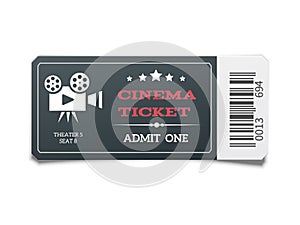 Realistic modern black movie ticket isolated on white background.