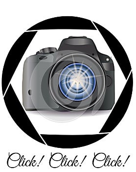 A realistic modern camera in the frame of the camera\'s diaphragm. Concept photography, vocations, photo business