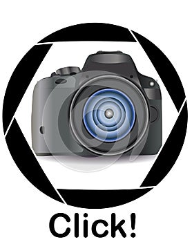 A realistic modern camera in the frame of the camera's diaphragm. Concept photography, vocations, photo business