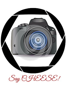 A realistic modern camera in the frame of the camera\'s diaphragm. Concept photography, vocations, photo business