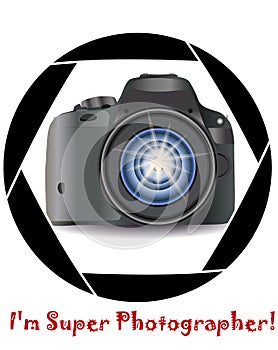 A realistic modern camera in the frame of the camera\'s diaphragm. Concept photography, vocations, photo business