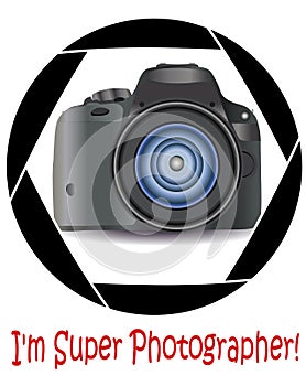 A realistic modern camera in the frame of the camera\'s diaphragm. Concept photography, vocations, photo business