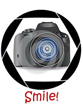 A realistic modern camera in the frame of the camera\'s diaphragm. Concept photography, vocations, photo business