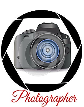 A realistic modern camera in the frame of the camera\'s diaphragm. Concept photography, vocations, photo business