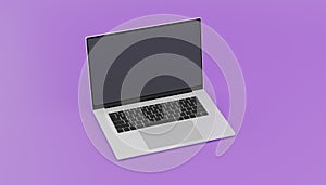 Realistic modern computer laptop 3d 16-Inch isolate on violet background, mock-up device notebook display highly