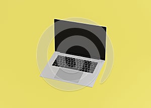 Realistic modern computer laptop 3d 16-Inch isolate on yellow background, mock-up device notebook display highly detailed resoluti