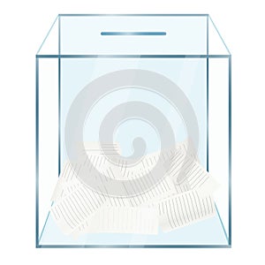 Realistic modern glass transparent ballot box with voting papers inside. Voting concept isolated.
