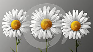 Realistic modern illustration of chamomile flowers isolated on a transparent background.