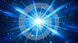 Realistic modern illustration set of magic energy glare with beams and sparkles. Star burst with radiance. Blue