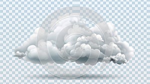 Realistic modern illustration of white cloud, weather meteorologist icon. Fluffy cumulus cloud, isolated on transparent