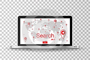 Realistic modern laptop isolated. Flat style browser search engine. World map with pins