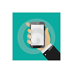 Realistic modern mobile phone on green background. Hand holding smart phone. Flat design. Vector illustration