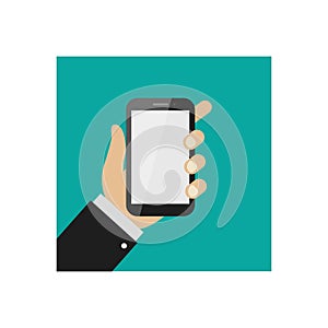 Realistic modern mobile phone on green background. Hand holding smart phone. Flat design. Vector illustration