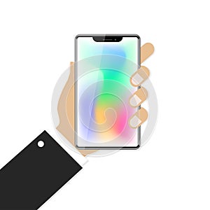 Realistic modern mobile phone on white background. Hand holding smart phone. Flat design. Vector illustration
