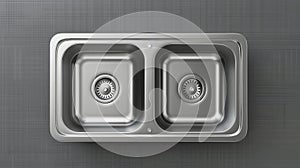 A realistic modern mock-up of a stainless steel sink top view. The metal sink has a right side place to clean dishes