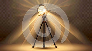 Realistic modern spotlight on a transparent background. Professional photo and video lamp on tripod, stage equipment