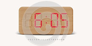 Realistic modern wooden digital clock, mockup frontal view, vector illustration