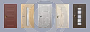 Realistic modern wooden doors, house and room entrance. 3D front door with glass and knob. Apartment or office wood door