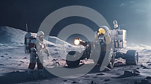 Realistic Moon Astronaut Views Lunar Rover. Generative AI