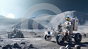 Realistic Moon Astronaut Views Lunar Rover. Generative AI