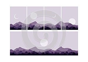 mountain flat landscape vector illustration. Vector horizontal landscape with fog, forest, mountains and morning sunlight.