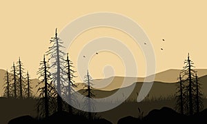 Realistic mountain panorama from the village at dusk with the silhouette of dry trees around it. Vector illustration