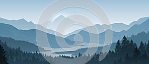 Realistic mountains landscape. Morning wood panorama, pine trees and mountains silhouettes. Vector forest background