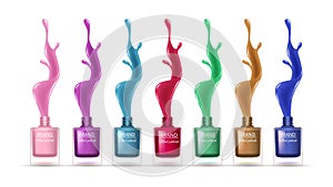 Realistic nail polishes. Colorful splashes, liquid drops. Isolated manicure equipment vector illustration