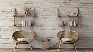 Realistic And Naturalistic Wooden Wall With Chairs And Shelf photo