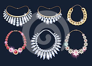 Realistic necklaces jewelry accessories icons set.